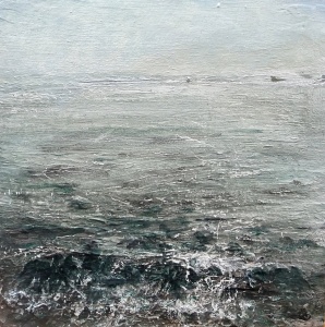 Sold. 'Sea Mist, Isle of Iona'. Mixed media on 10x10" wood panel. Rose Strang 2018 (£450)