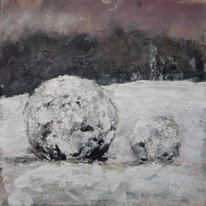 'Giant Snowballs'. Mixed media on 12x12 inch canvas. Rose Strang 2019 board