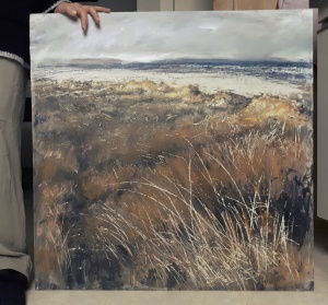 (To show scale)' Aberlady Dunes'. Mixed media on 30x30 inch wood panel. Rose Strang April 2020. (Private Commission, NFS).