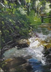 'Water of Leith. 6'. Oil on 7x5" wood. Rose Strang, May 2020