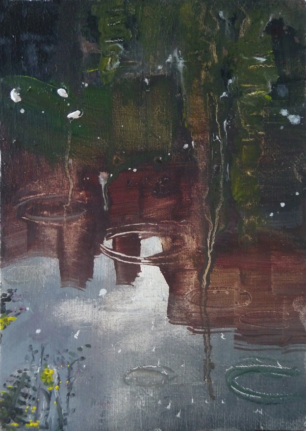 'Water of Leith. 10'. Oil on 7x5" wood. Rose Strang, May 2020. Unframed £250